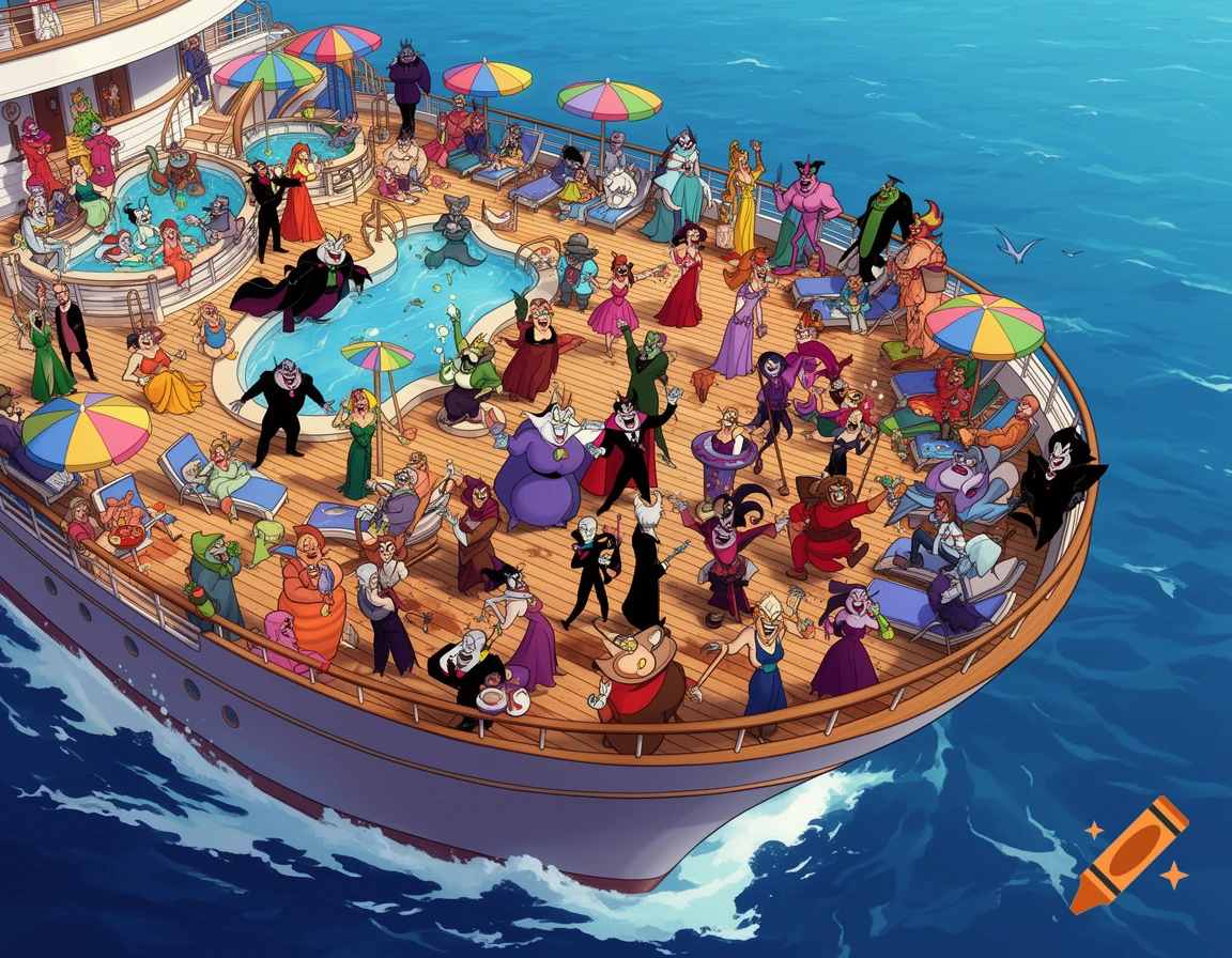 An overhead view of a lively cruise ship deck crowded with many colorful, recognizable cartoon villains enjoying a sunny vacation at sea.
