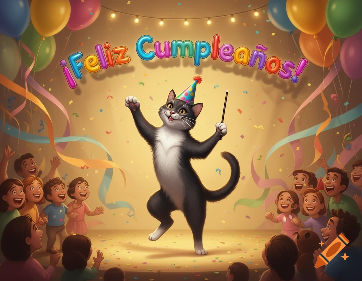 A cartoon black and white cat in a party hat dances on stage, surrounded by balloons, confetti, and smiling children, with '¡Feliz Cumpleaños!' above.