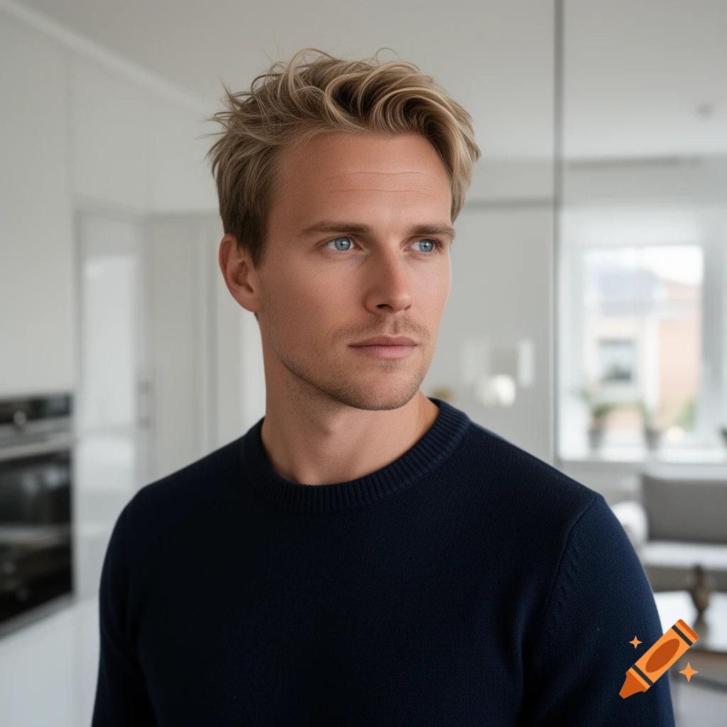 Photorealistic portrait of a fair-skinned man with blond hair and blue eyes, wearing a dark blue sweater, looking to the side indoors.