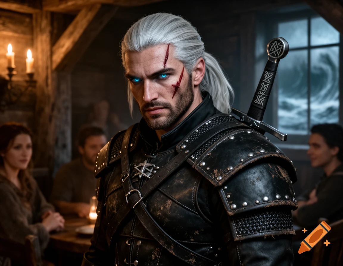 A photorealistic image of Geralt of Rivia with white hair, glowing blue eyes, and scars, wearing black armor in a tavern.