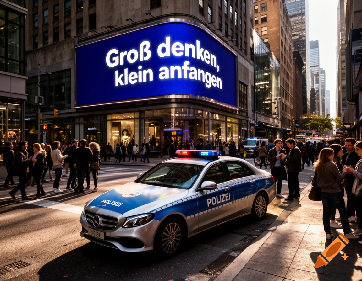 A German police car on a bustling city street with a large billboard reading 'Groß denken, klein anfangen' and pedestrians.