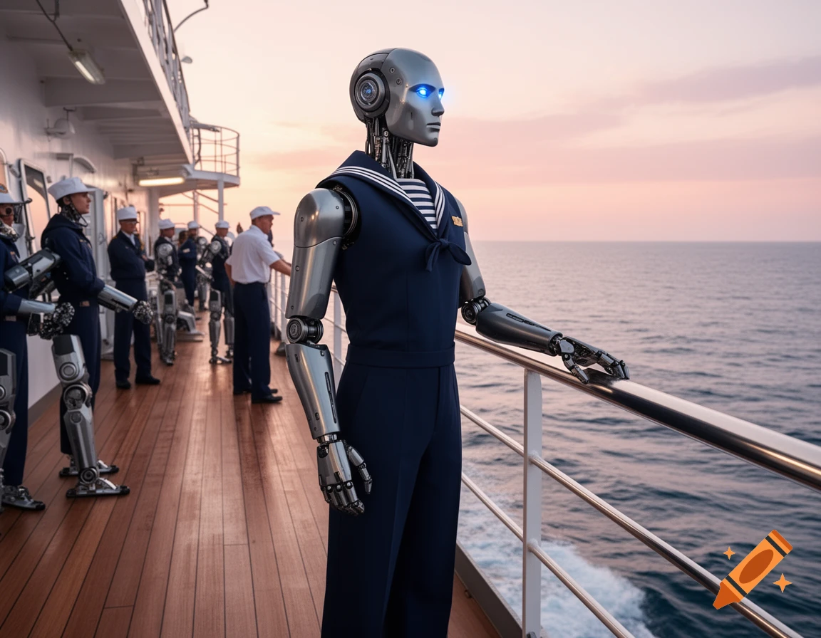 Photorealistic image of a group of humanoid robots dressed as sailors standing on the deck of a ship at sunset, looking out at the ocean.
