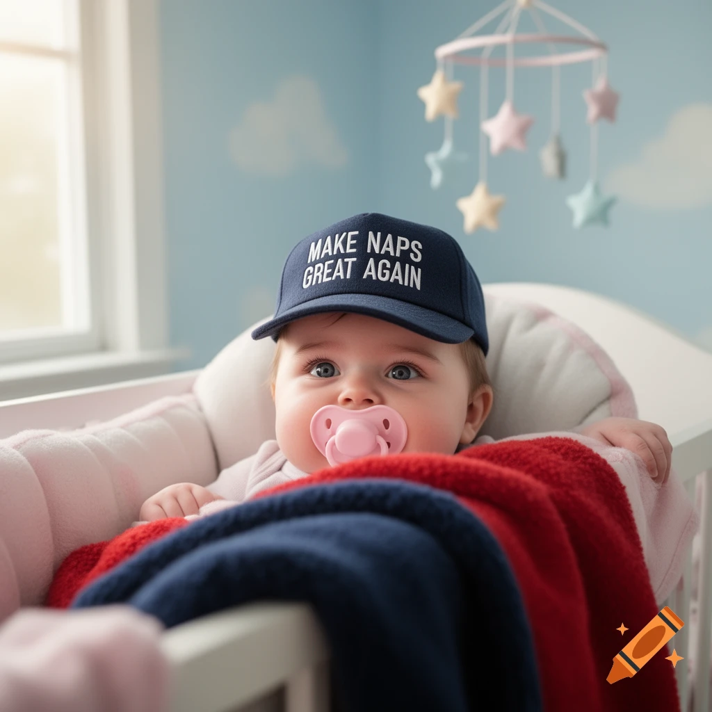 Photorealistic image of a baby in a crib wearing a navy blue hat that reads 'MAKE NAPS GREAT AGAIN' and a pink pacifier, looking at the camera.