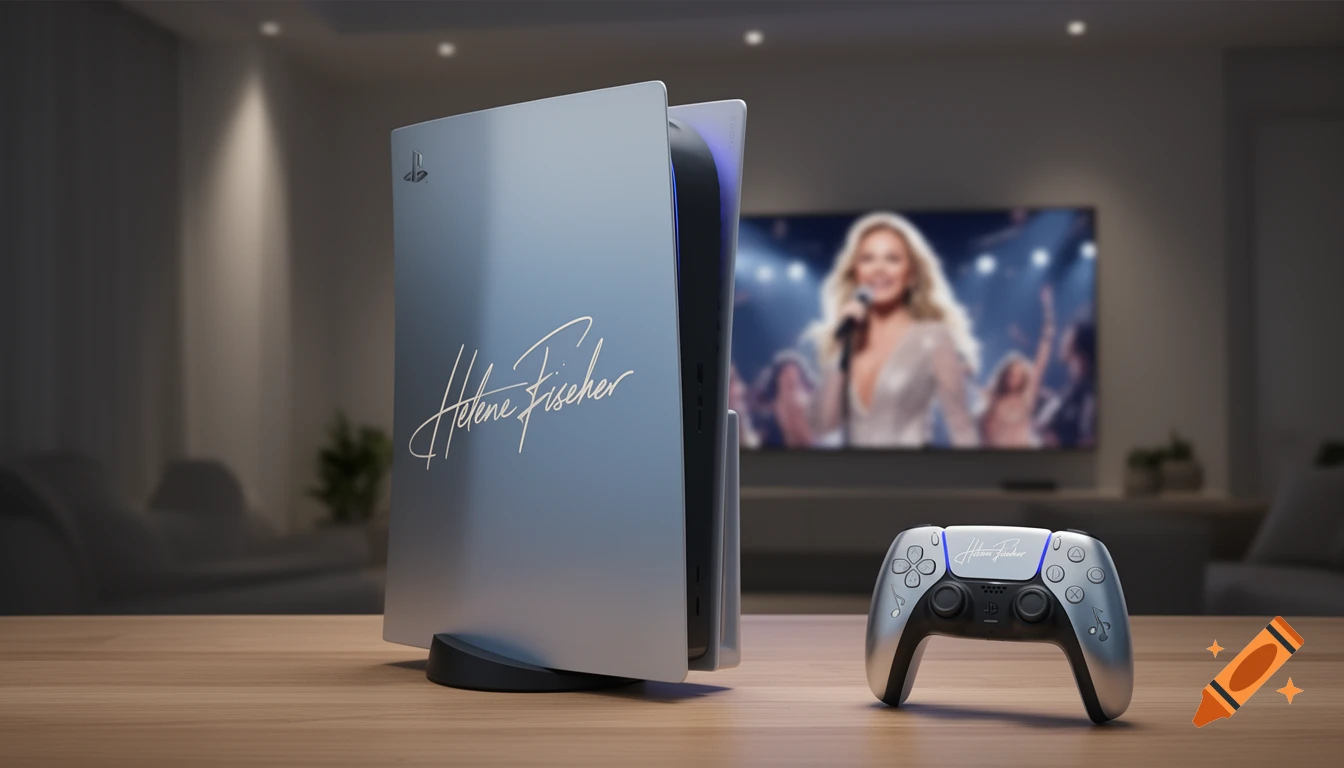 A silver PlayStation 5 console and controller on a wooden table, with 'Helene Fischer' written on them, against a blurred TV screen showing a singer.