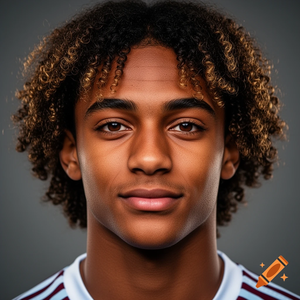Headshot of a young man with dark skin, curly brown hair with blonde highlights, wearing a striped shirt.