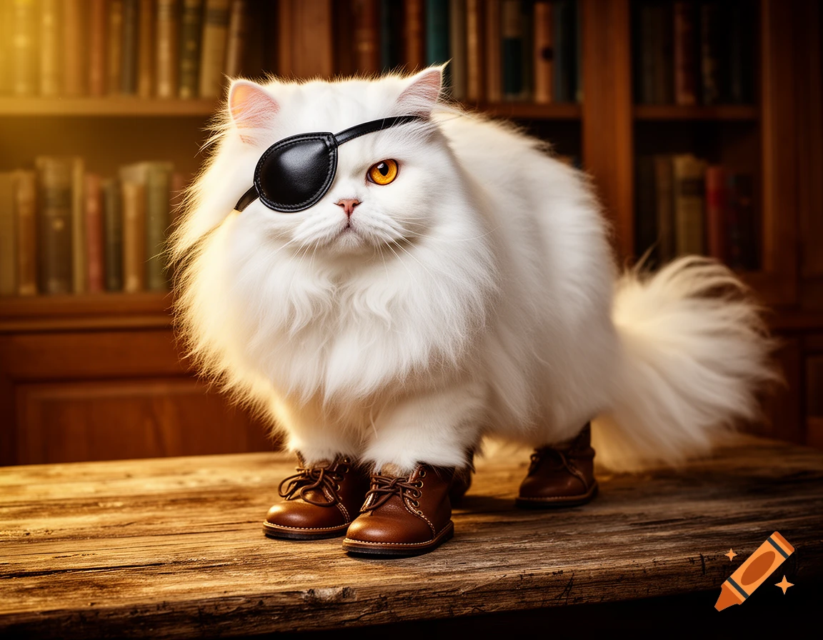 A majestic white Persian cat wears a black eye patch and tiny brown leather boots, standing on a wooden table in a library setting.