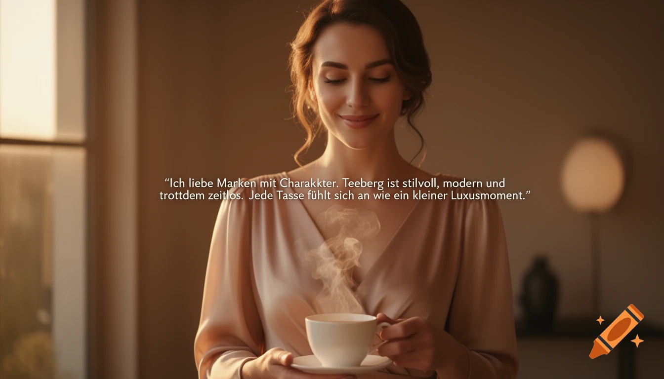 A smiling woman in a silken blouse holds a steaming cup of tea in soft, warm light, with text overlay.