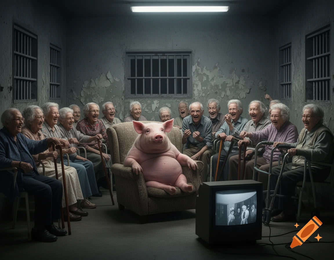 A large pink pig sits in an armchair, watching a TV with a group of laughing elderly people in a gloomy, prison-like room.