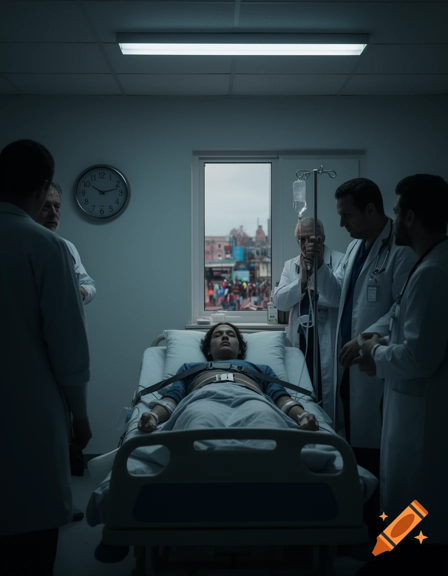 Doctors gather around a patient lying restrained on a hospital bed in a dimly lit room, with a city visible outside the window.