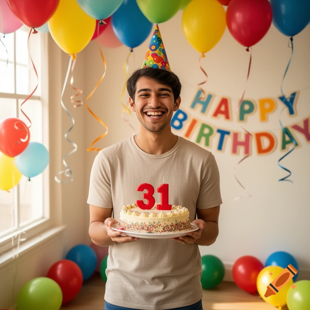A happy man with a party hat smiles, holding a birthday cake with '31' candles, in a room with balloons and a 'HAPPY BIRTHDAY' banner.