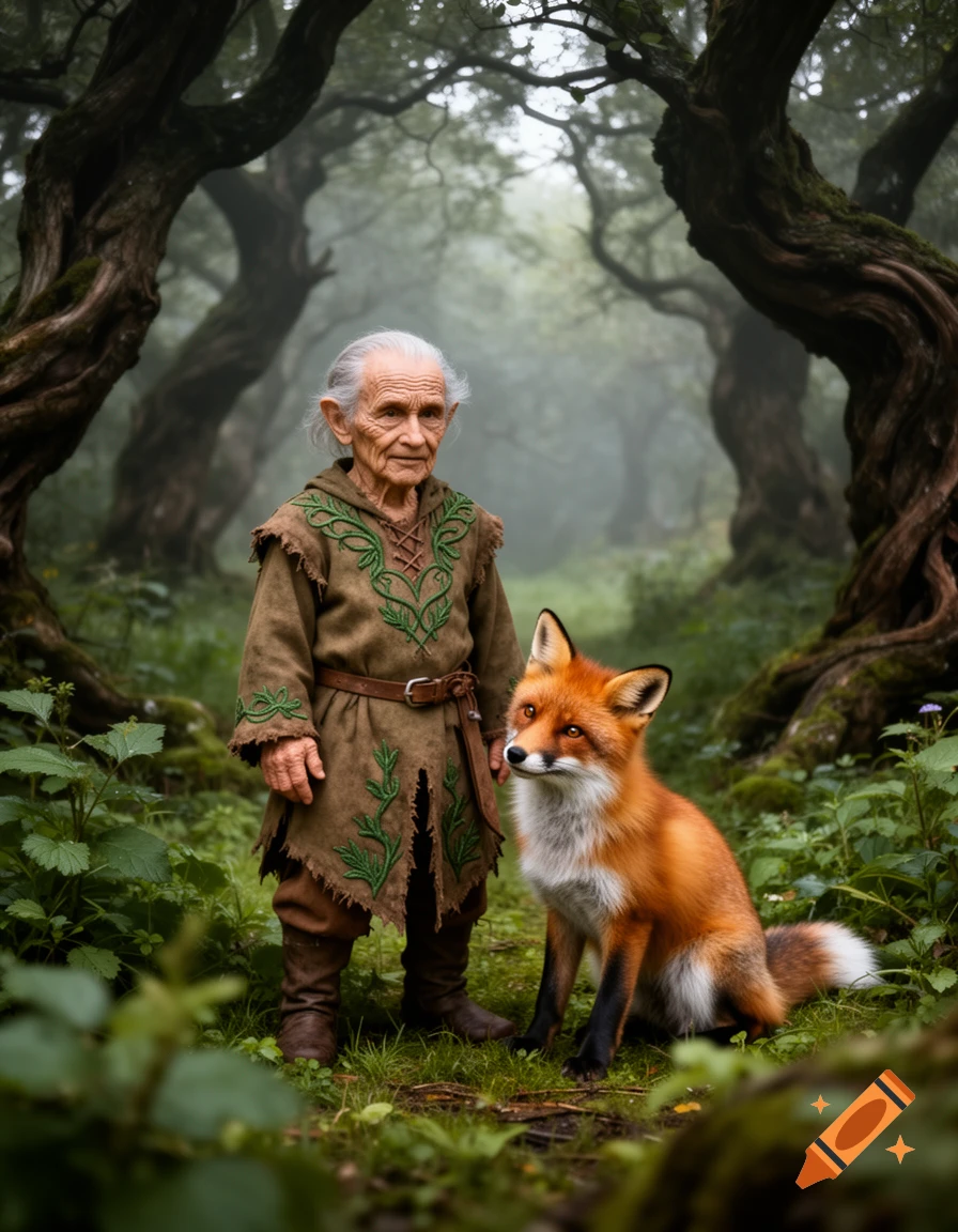 An old hafling druid in earthy clothes stands with a red fox in a foggy, gnarled forest. Photorealistic.