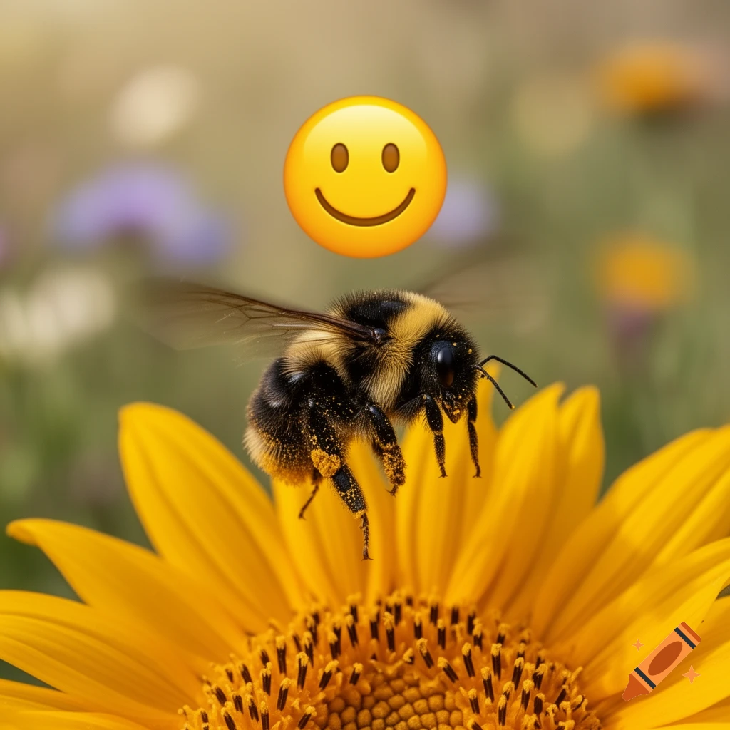 A close-up of a fuzzy bumblebee covered in pollen landing on a yellow flower, with a smiley emoji floating above.