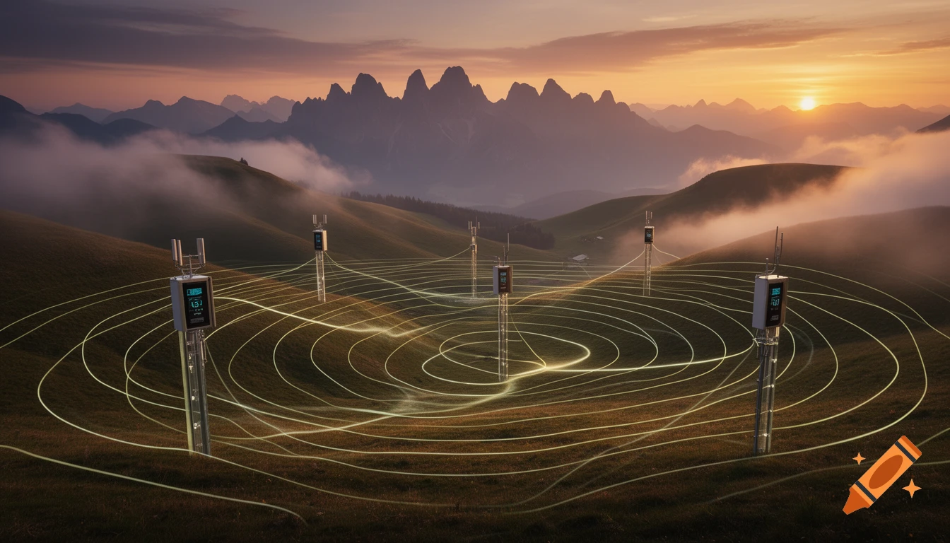 Radio signal lines connect multiple repeaters across a foggy valley at sunrise, with mountains in the background.