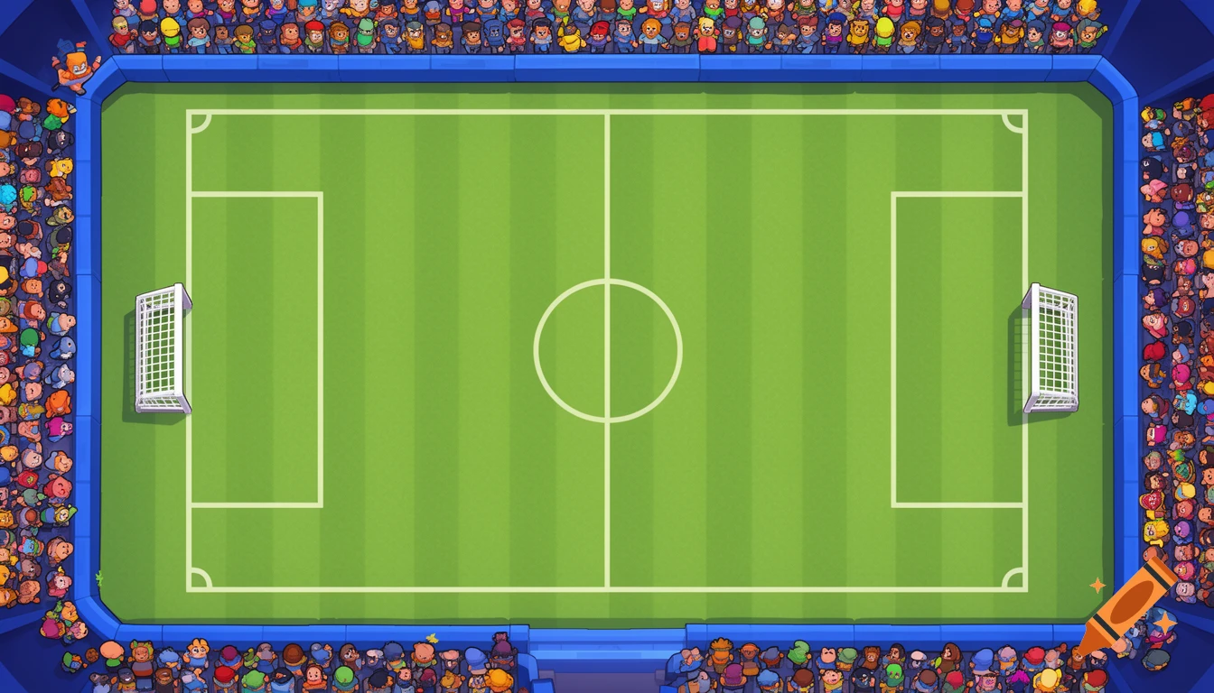 Top-down cartoon view of an empty soccer field with striped grass, goals, and colorful tiny crowds in blue stands.