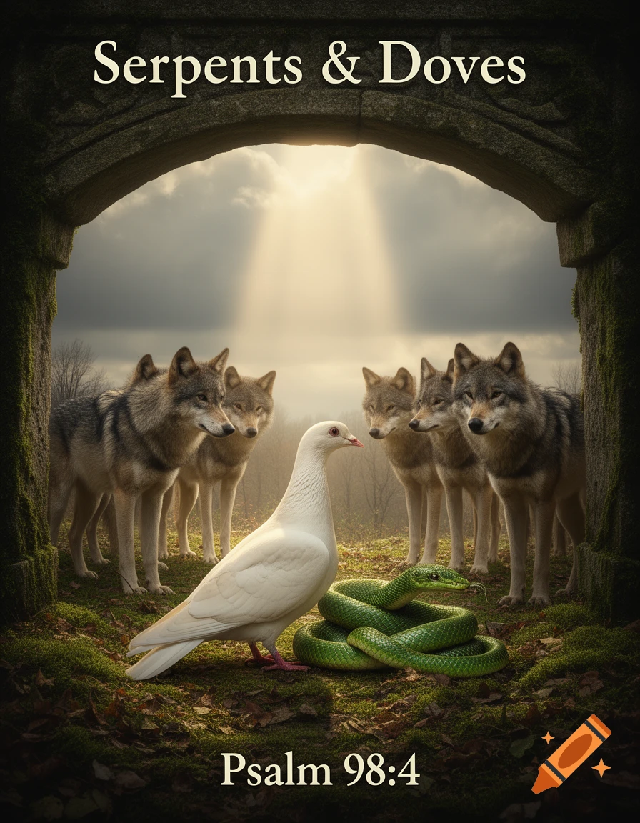 White dove, green snake, and wolves under a stone archway with light from above. Text "Serpents & Doves" and "Psalm 98:4".