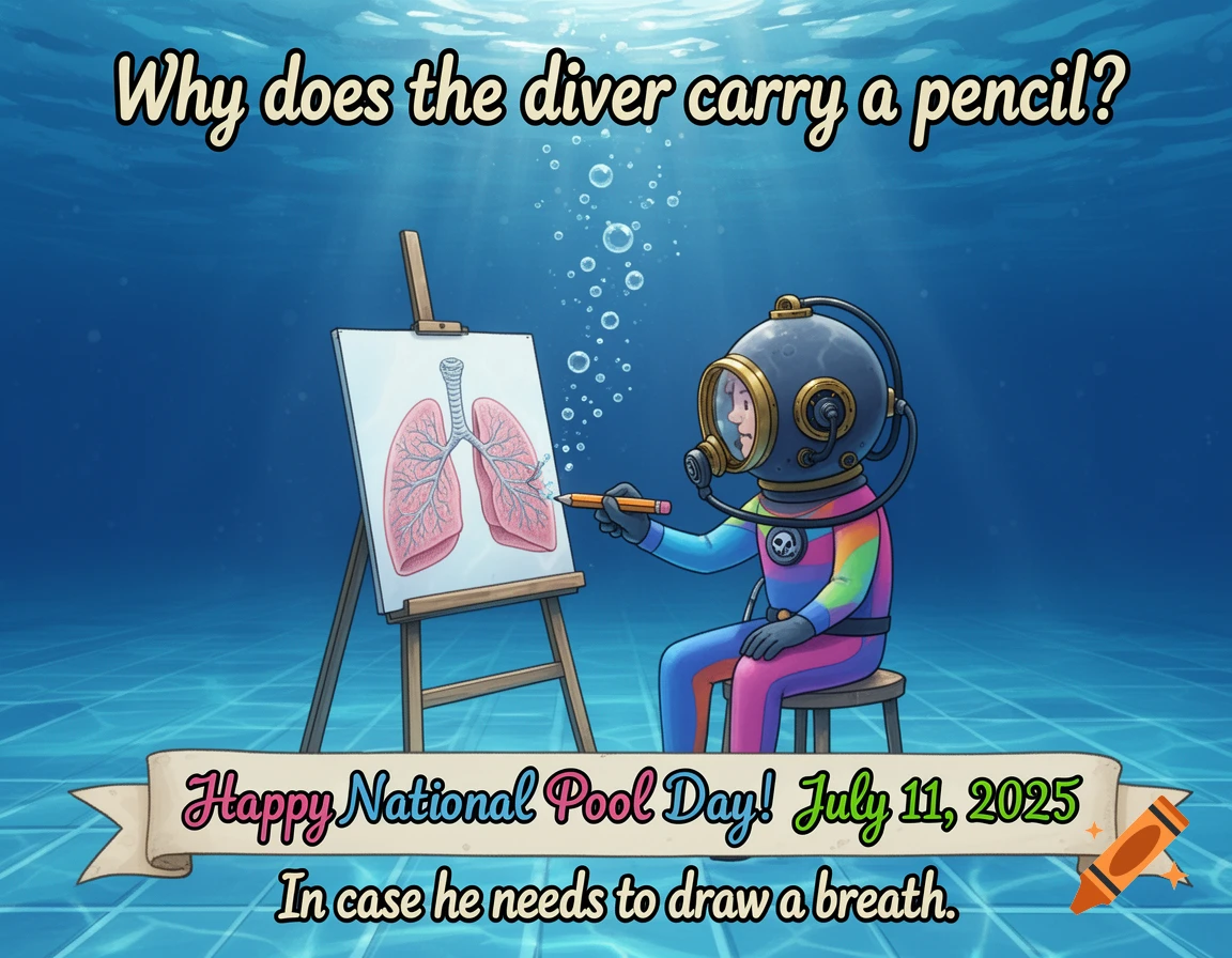 Cartoon diver in an old-fashioned suit sits underwater on a stool, drawing human lungs on an easel with a pencil. Text makes a pun about 'drawing a breath' and 'National Pool Day'.