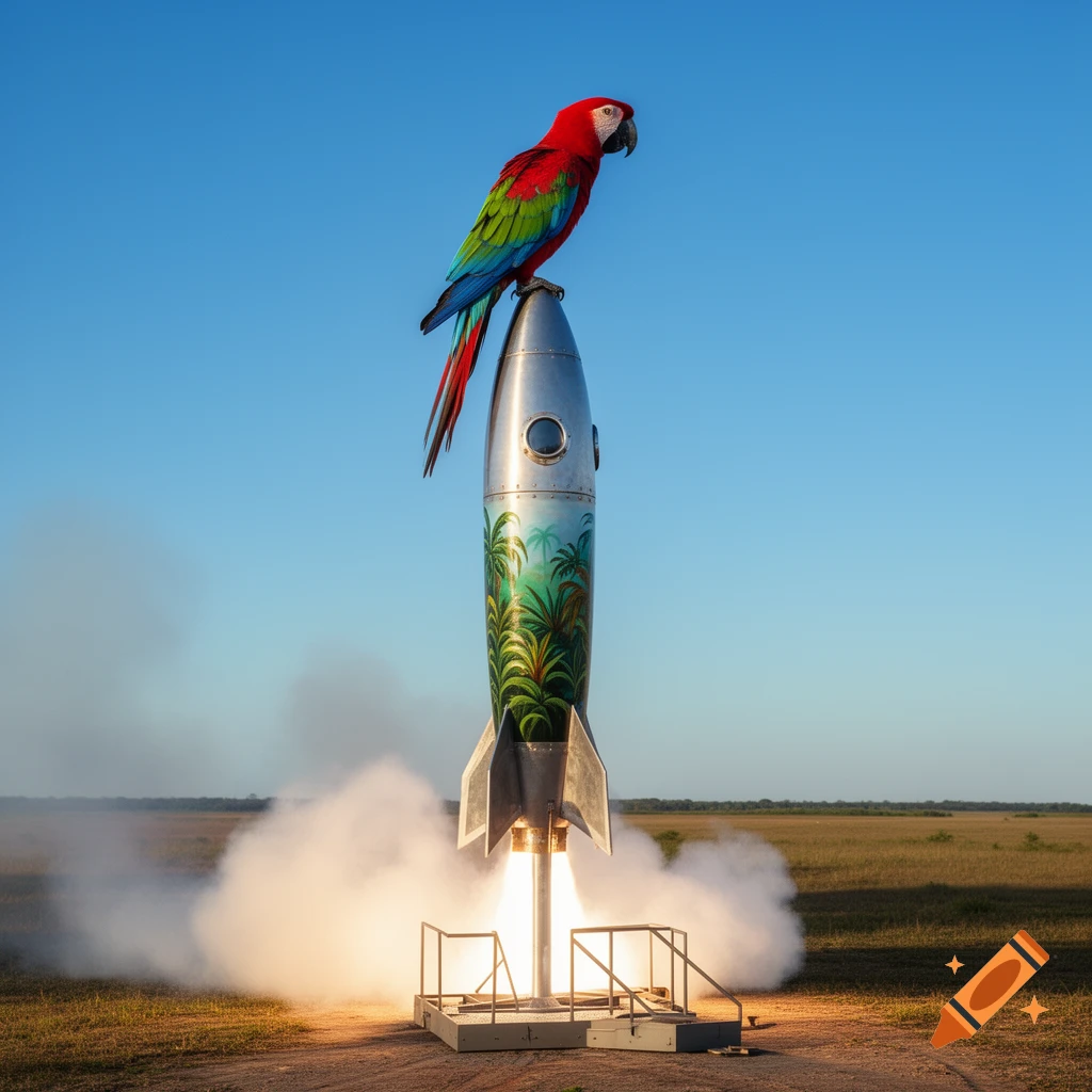 A vibrant red, green, and blue parrot perches on a decorative rocket launching from a field under a clear blue sky.
