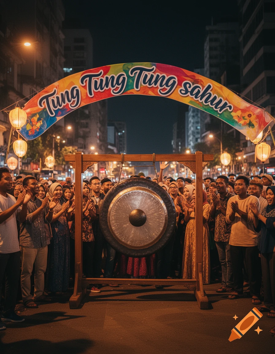 A crowd gathers around a large gong on a street at night under a banner reading 'Tung Tung Tung sahur'.