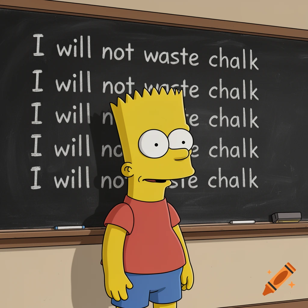 Bart Simpson stands in a classroom in front of a chalkboard with "I will not waste chalk" written repeatedly.