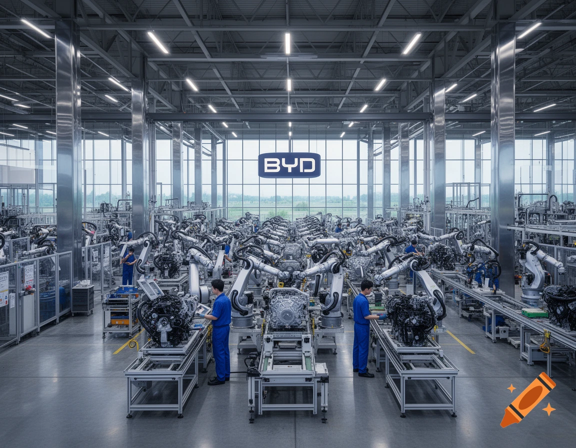 Photorealistic image of a large, bright factory floor with robotic arms assembling machinery, human workers, and a prominent BYD logo.