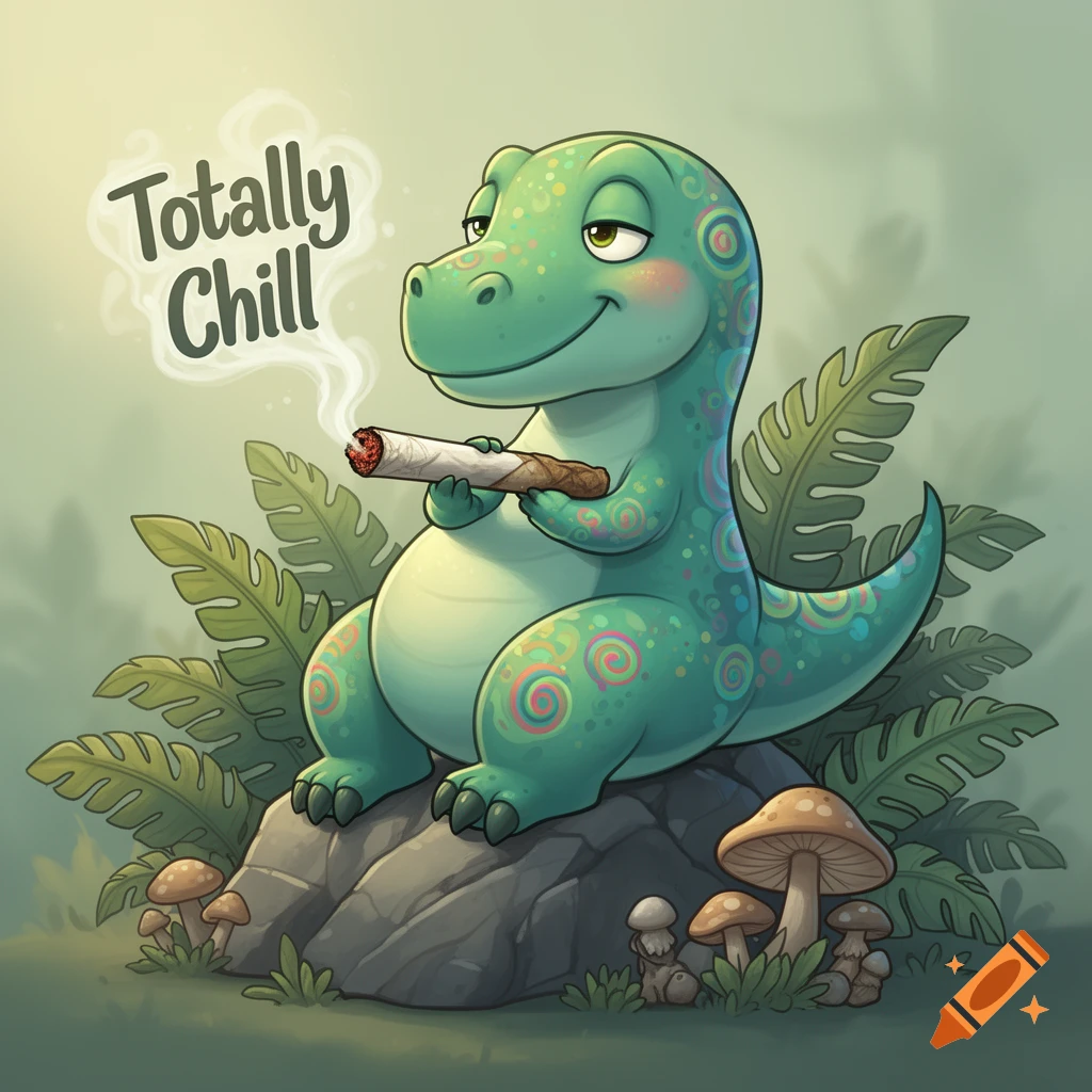 A whimsical cartoon dinosaur with colorful swirls sits on a rock, smoking a joint amidst leaves and mushrooms, with 'Totally Chill' in smoke.