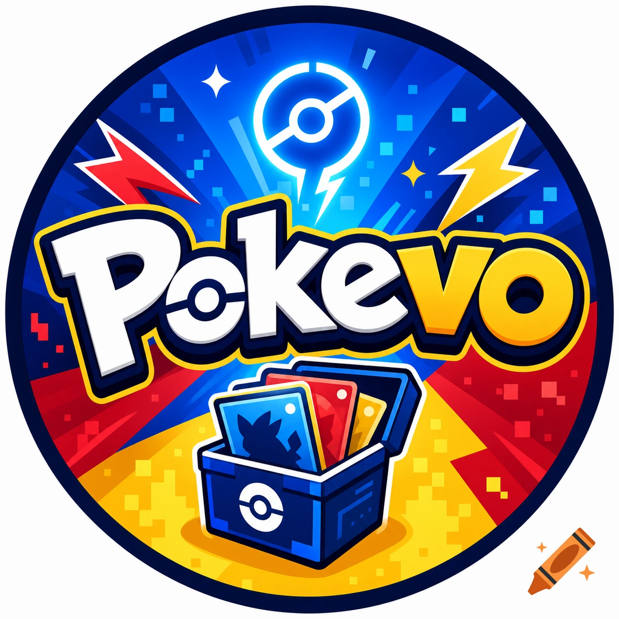 A circular logo with the text "Pokevo", a Pokeball symbol, a chest of trading cards, and lightning bolts on a blue, red, and yellow background.