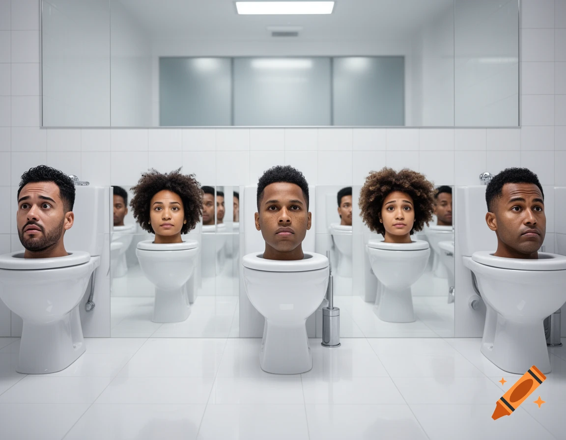 Photorealistic image of several human heads, both male and female, emerging from toilets in a white-tiled bathroom with mirrors.