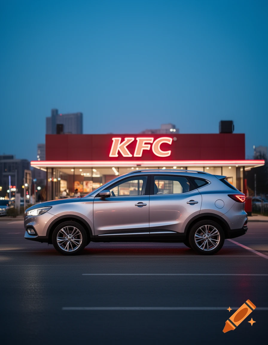 A silver SUV parked in front of an illuminated KFC restaurant at dusk, photorealistic.