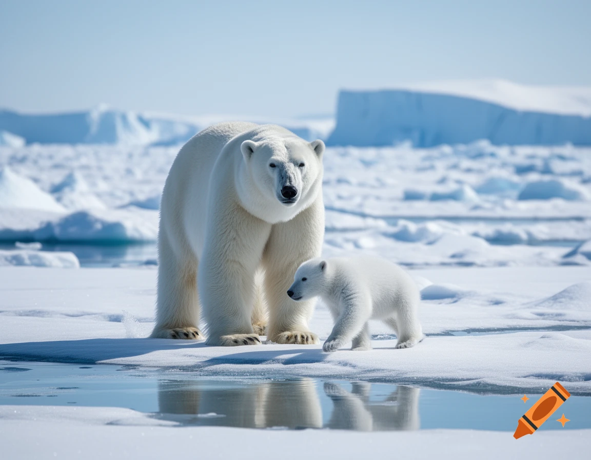 A large polar bear stands on an icy arctic landscape with a cub walking beside it, with icebergs in the background.