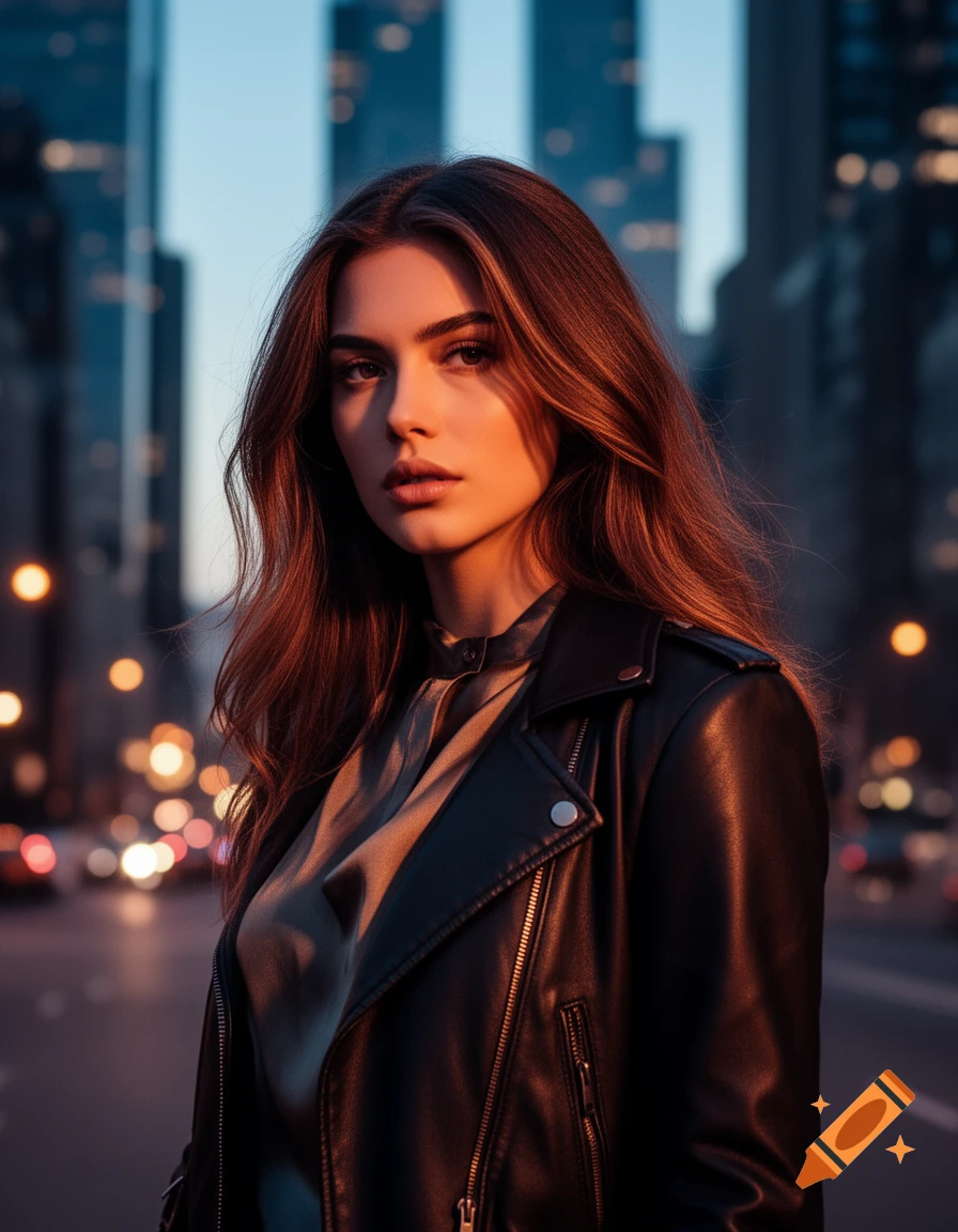Photorealistic portrait of a woman with long brown hair, wearing a black leather jacket, looking forward on a city street at dusk.