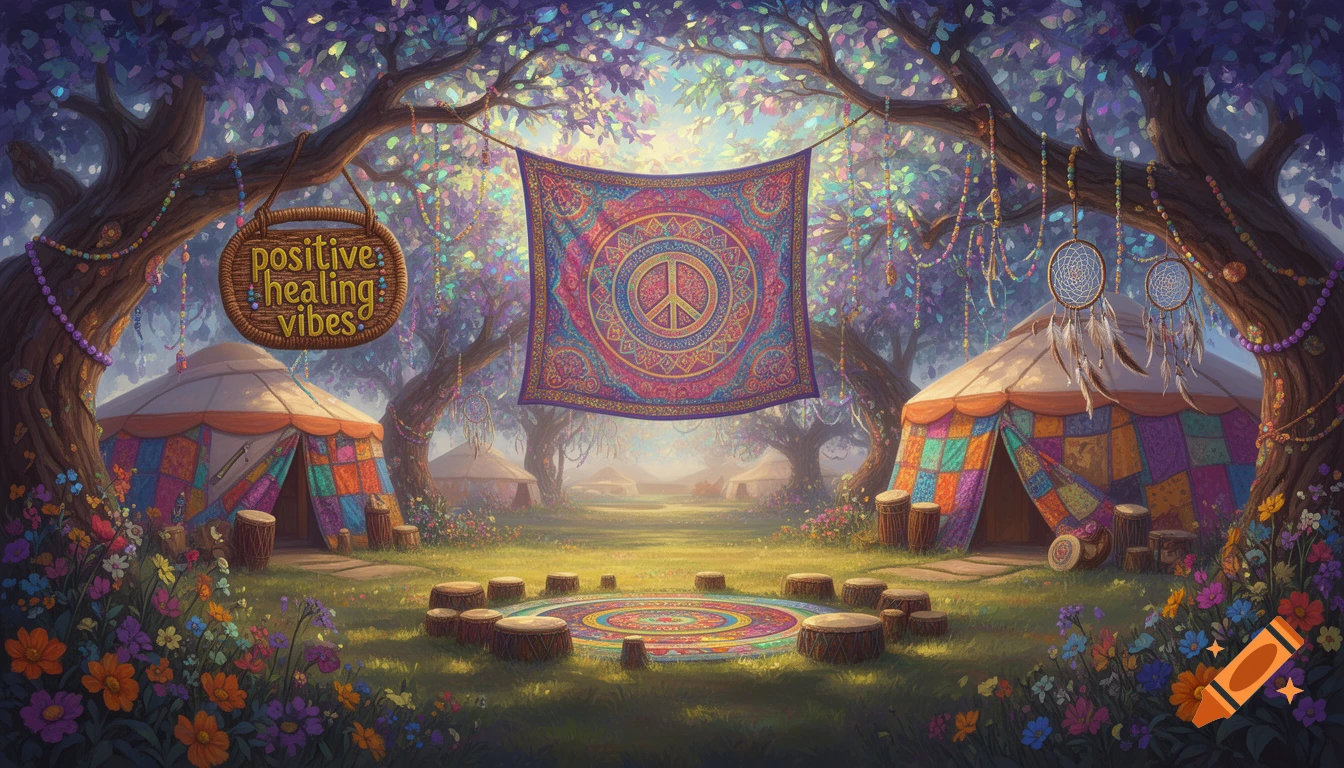 A vibrant fantasy landscape of a hippie realm with colorful tents, a peace sign tapestry, and a sign reading 'positive healing vibes' hanging from a tree, surrounded by glowing foliage and wildflowers.