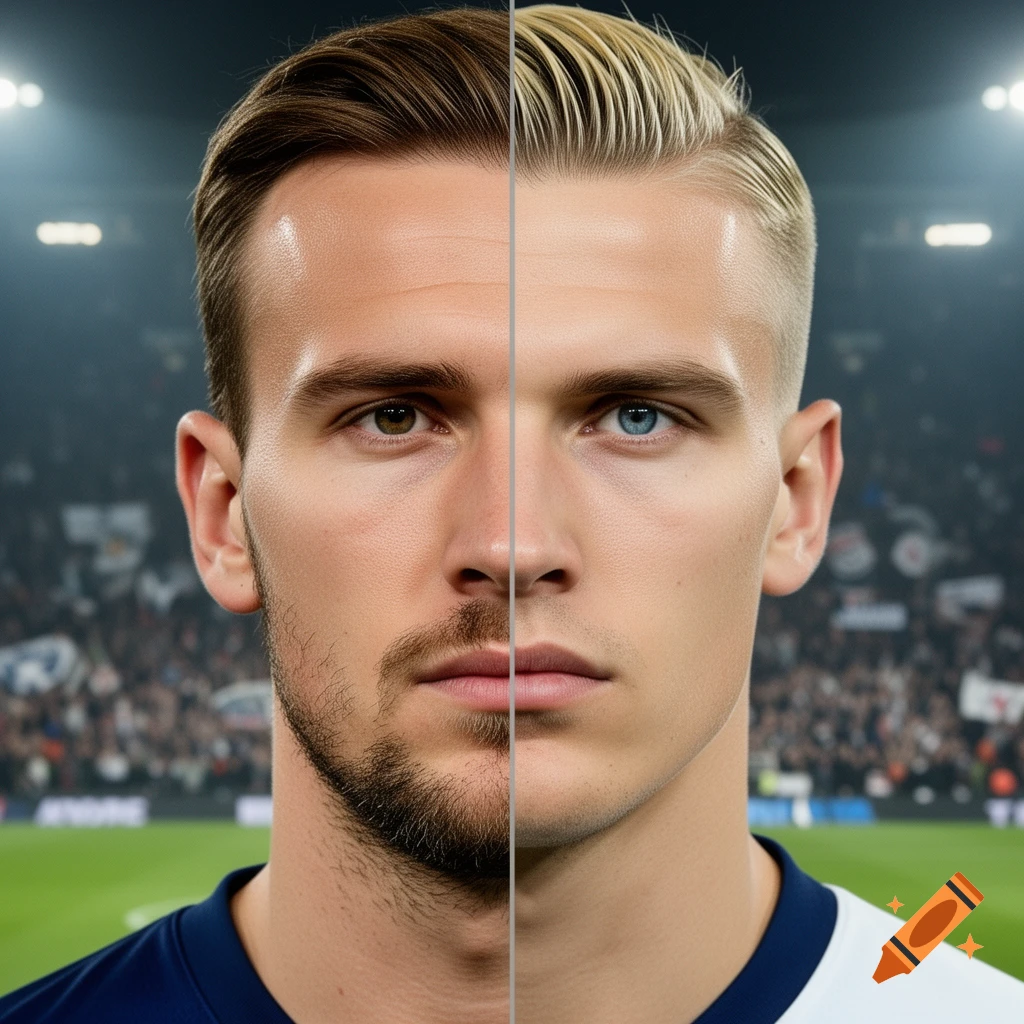 Photorealistic composite portrait of two male soccer players, Harry Kane (left) and Erling Haaland (right), split vertically in a stadium.