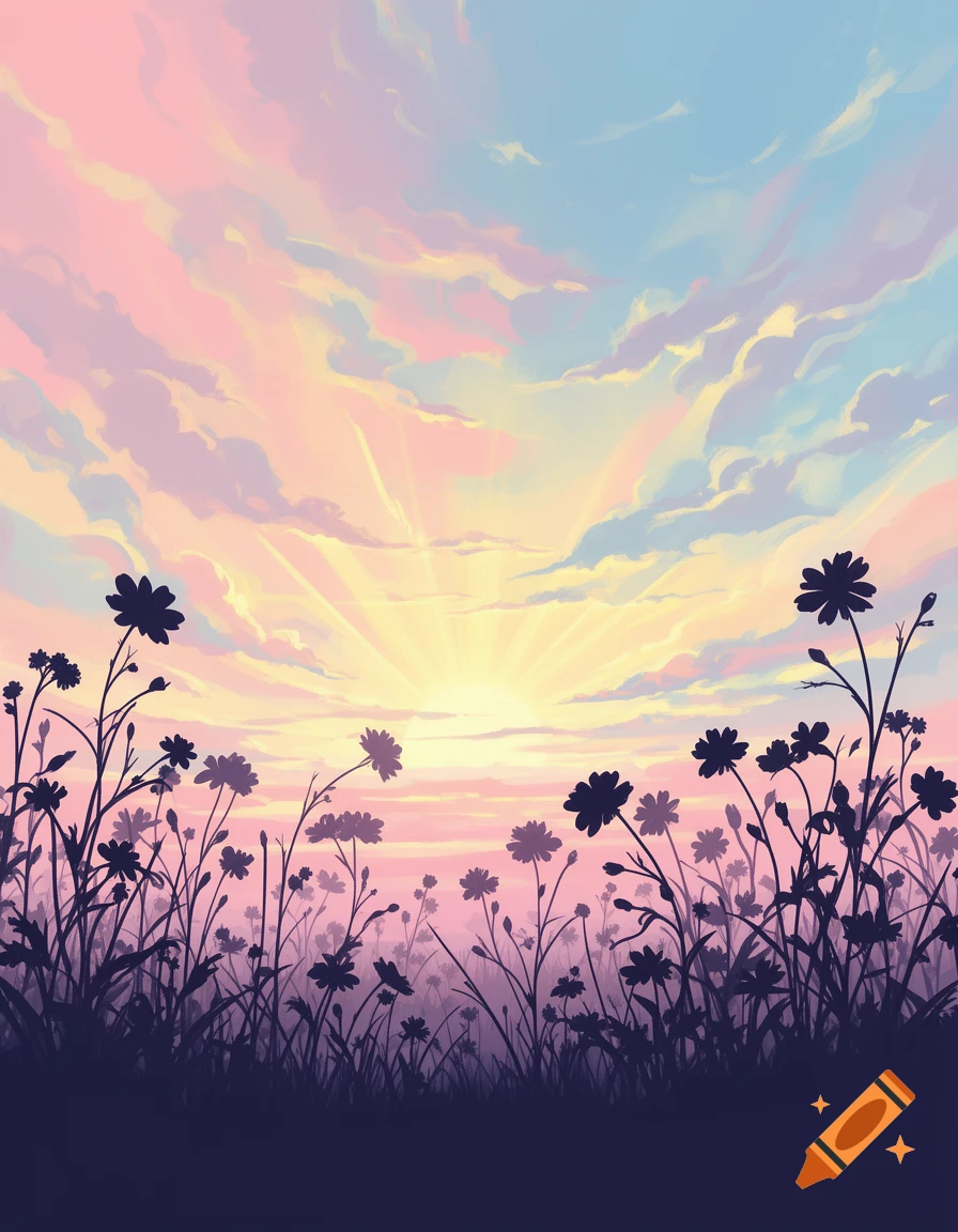 Stylized illustration of a vibrant sunset over a field of silhouetted wildflowers, with a sky of pink, yellow, and blue clouds.