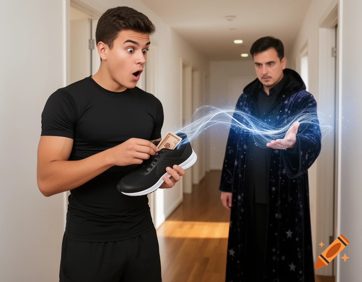 A surprised young man pulls a banknote from his shoe as a wizard conjures magic towards it in a hallway.