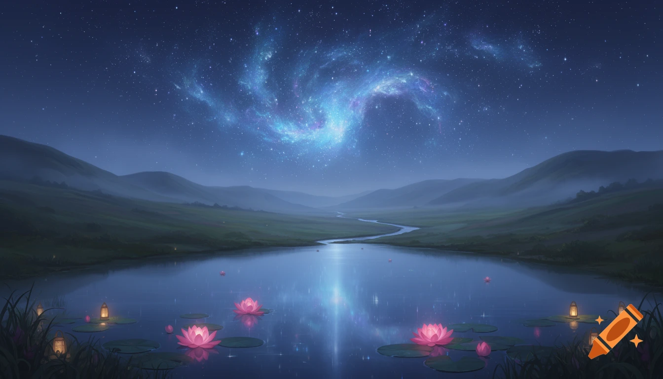 A tranquil digital art fantasy landscape at night with a cosmic sky reflected in a lake, glowing pink lotus flowers, and lanterns.