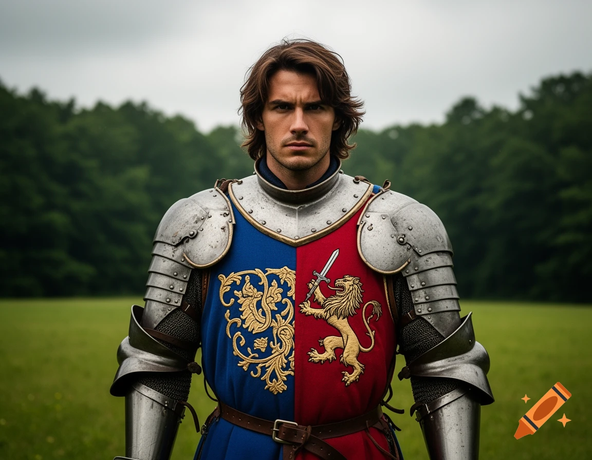 A serious knight in plate armor and a blue and red tabard with a gold lion and device stands in a green field.