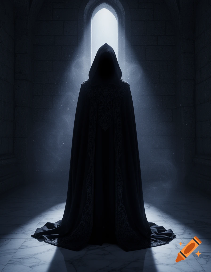 A mysterious hooded figure in dark, ornate robes stands silhouetted against a brightly lit arched doorway in a gothic hall.