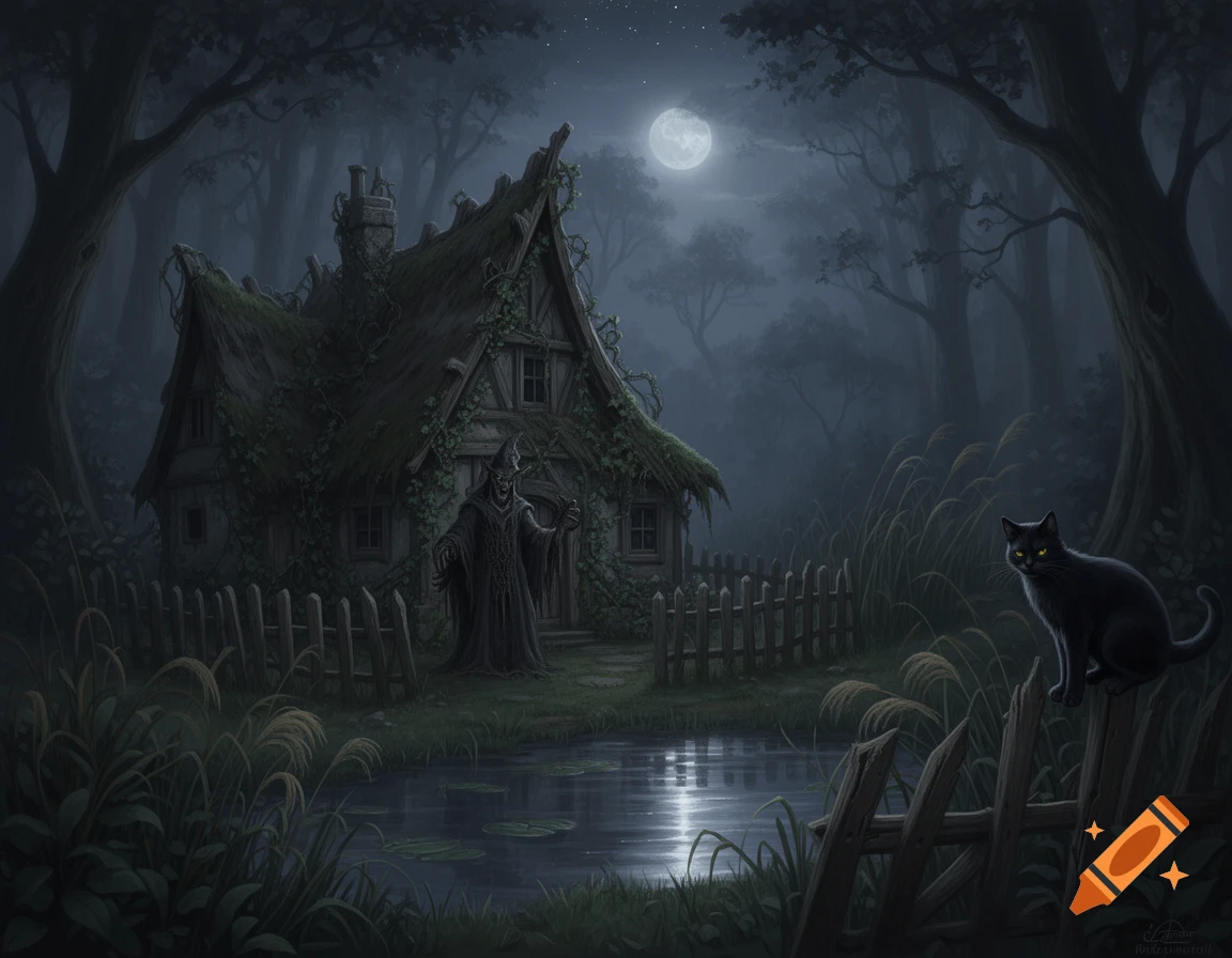 A spooky witch's house covered in vines sits in a dark, misty forest under a full moon, with a robed figure and a black cat on a fence.