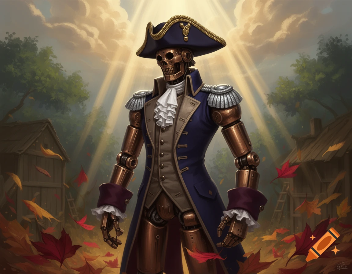 A steampunk robot skeleton in a blue colonial uniform and tricorn hat stands among fallen autumn leaves, illuminated by sunbeams.