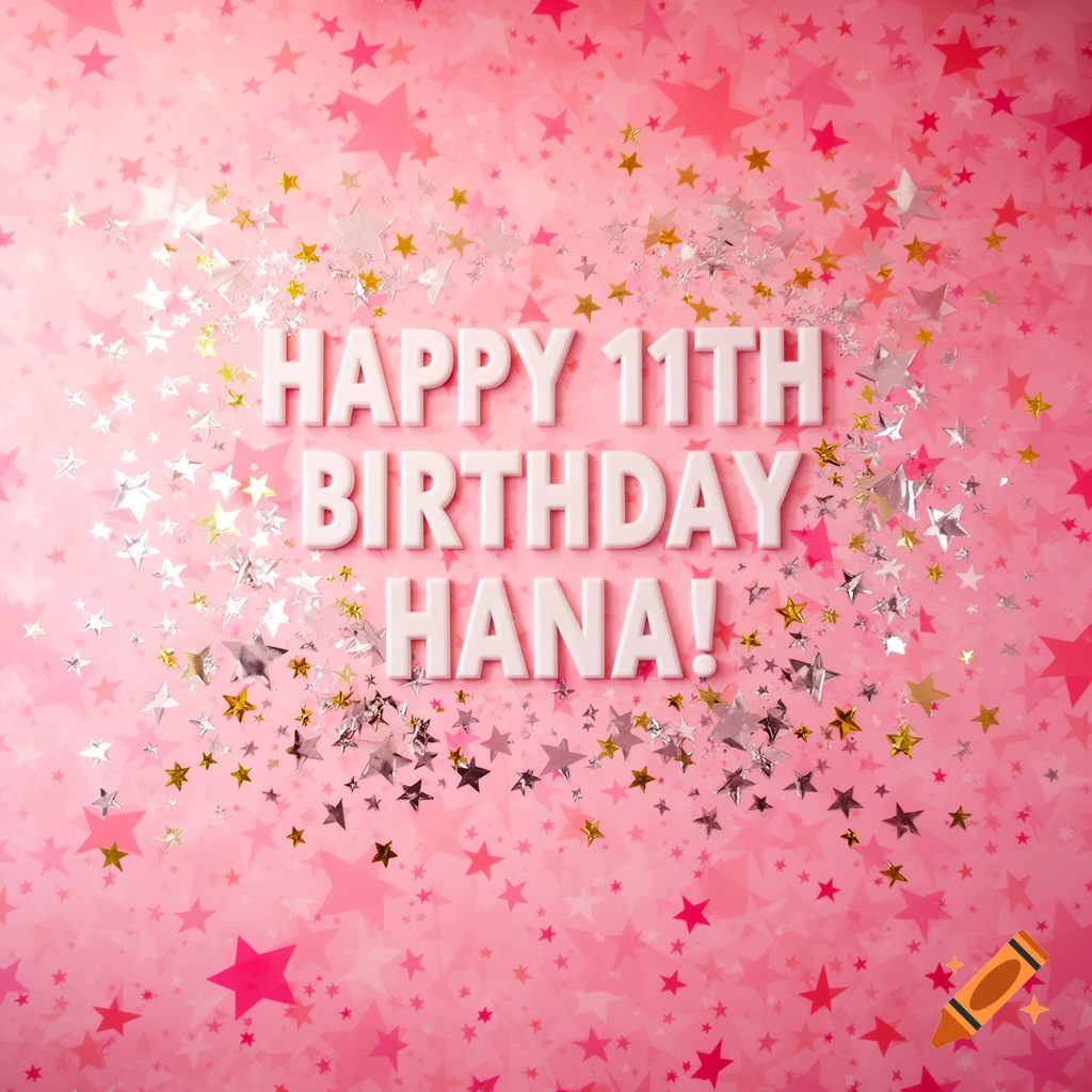 A vibrant pink background covered in numerous pink, gold, and silver stars, with white 3D text in the center reading 'HAPPY 11TH BIRTHDAY HANA!'