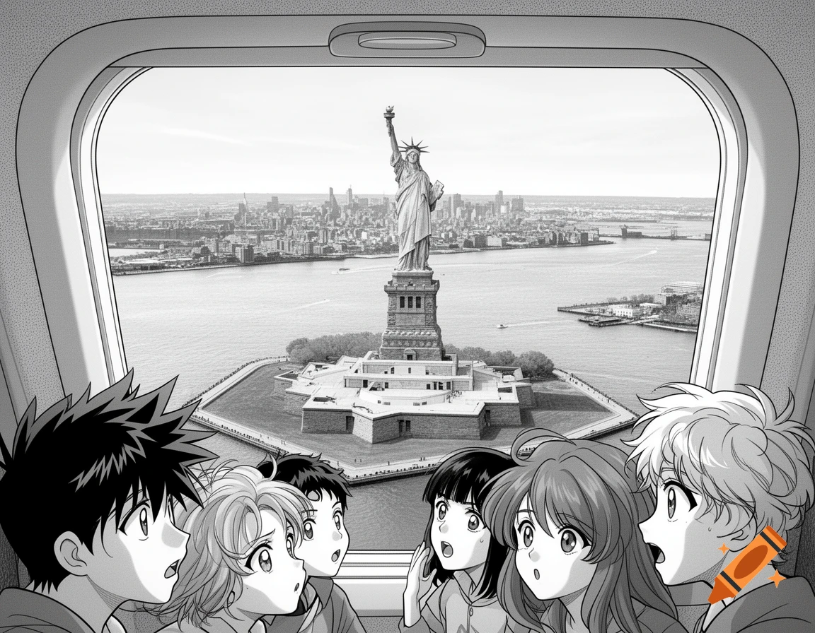 Black and white manga illustration of teenagers looking out a window at the Statue of Liberty and New York City skyline.
