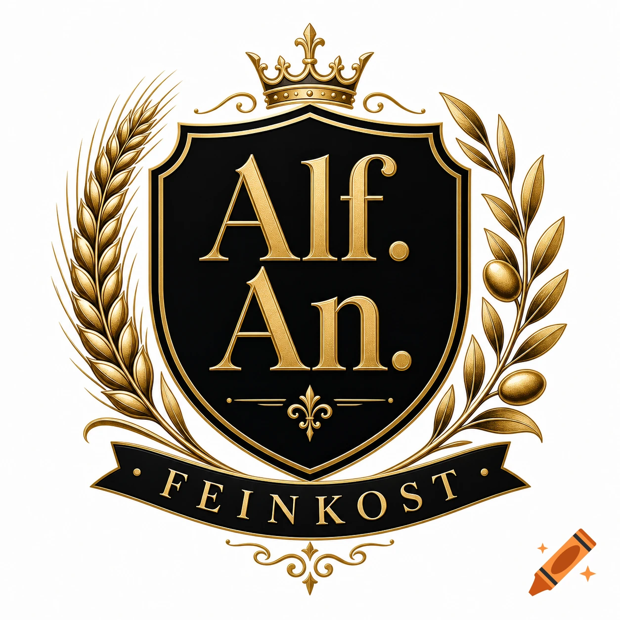 Black and gold luxury crest logo with a shield displaying "Alf. An.", a banner with "FEINKOST", framed by wheat and olive branches, topped with a crown.