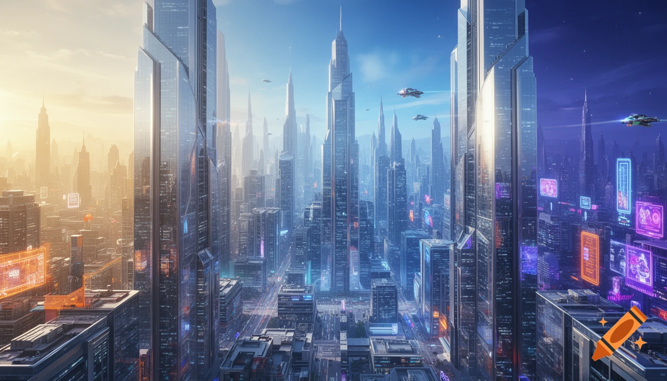 A dynamic futuristic cityscape with sleek skyscrapers, flying vehicles, and glowing displays, transitioning from a daylit left side to a nighttime right side.