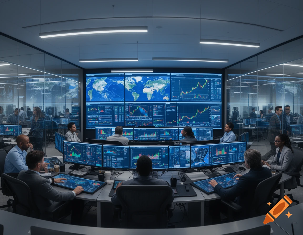 People in a modern control room monitoring data on numerous large screens displaying world maps, charts, and graphs.