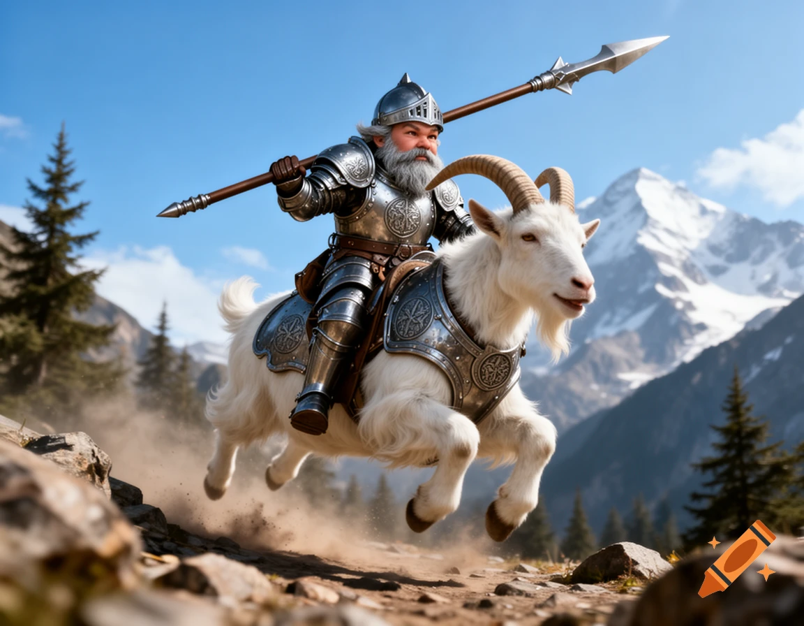 A photorealistic armored gnome paladin with a grey beard wielding a glaive, riding an armored white mountain goat on a dusty mountain path.