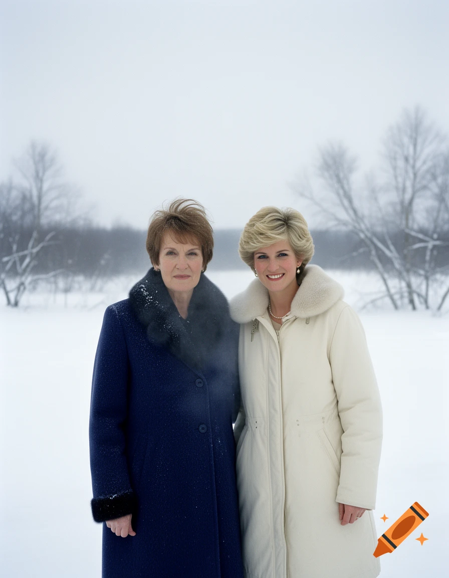 Two women resembling Ann Widdecombe and Princess Diana stand side-by-side in a snowy, desolate winter landscape.