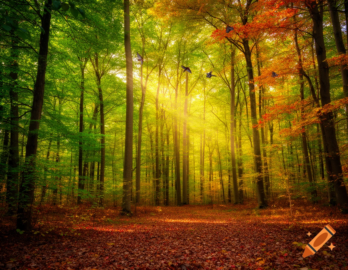 Golden sunlight streams through a vibrant forest with green and autumn-colored trees and a floor covered in fallen leaves, with birds in flight.