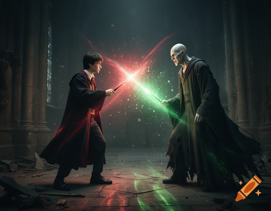 Harry Potter and Voldemort duel with wands, red and green light clashing in a dark, ruined hall.
