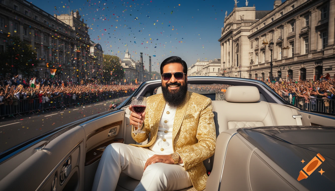 A bearded man in a gold suit and sunglasses smiles from a white convertible, holding a wine glass, as confetti falls over a crowded city parade.