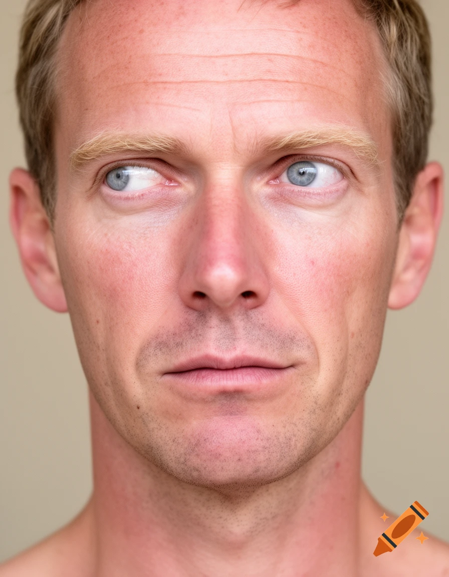 Close-up photorealistic portrait of a man with an asymmetrical face and light blue eyes looking sideways.